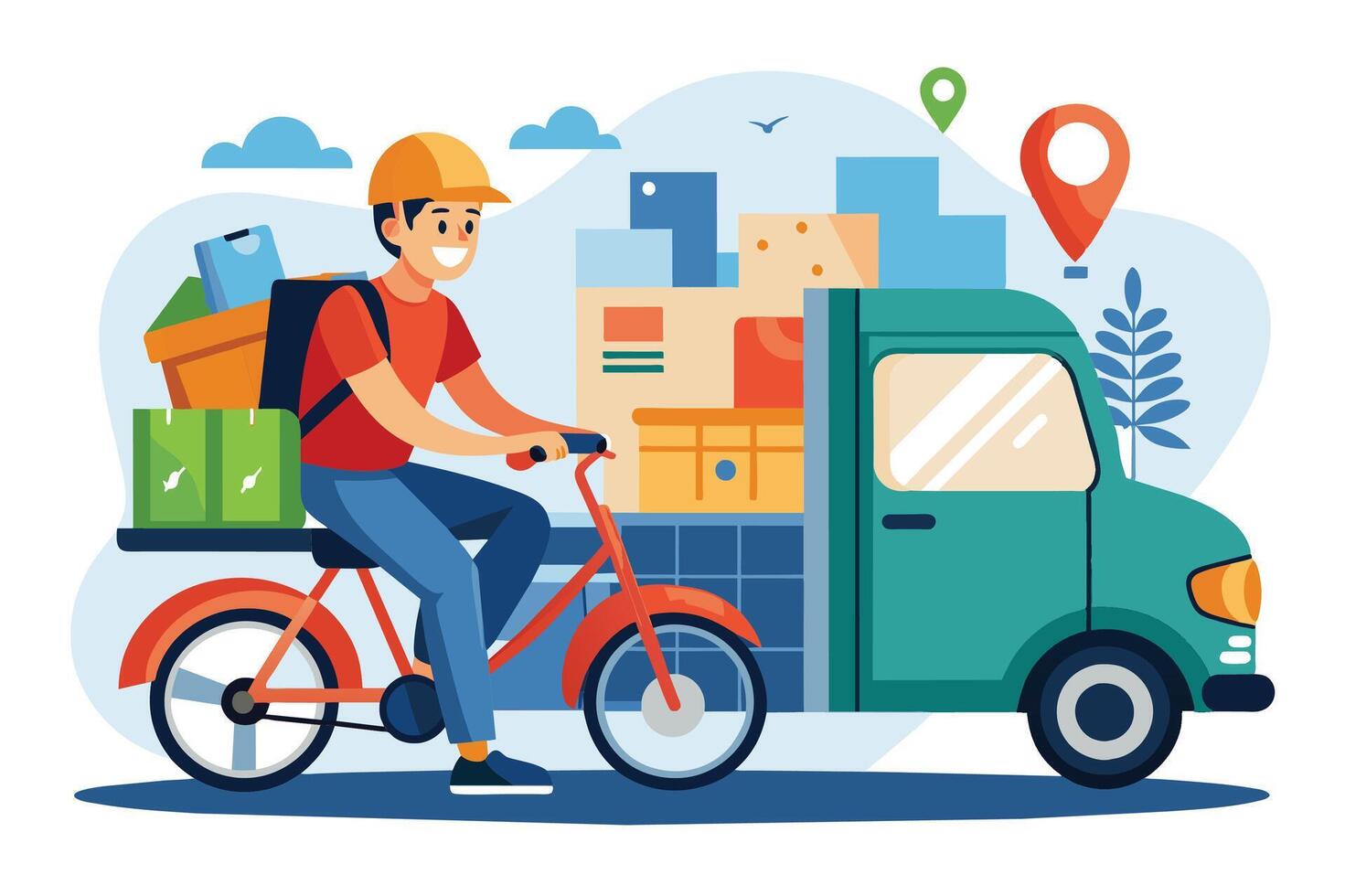 A happy delivery person wearing a red shirt rides a bicycle loaded with packages. A delivery truck is parked nearby. vector