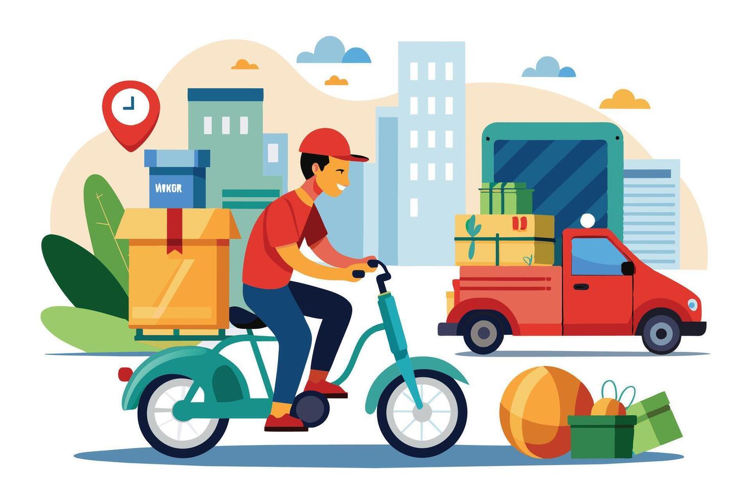 A delivery person rides a bicycle with a package on the back, moving through the city with a truck parked in the background. vector