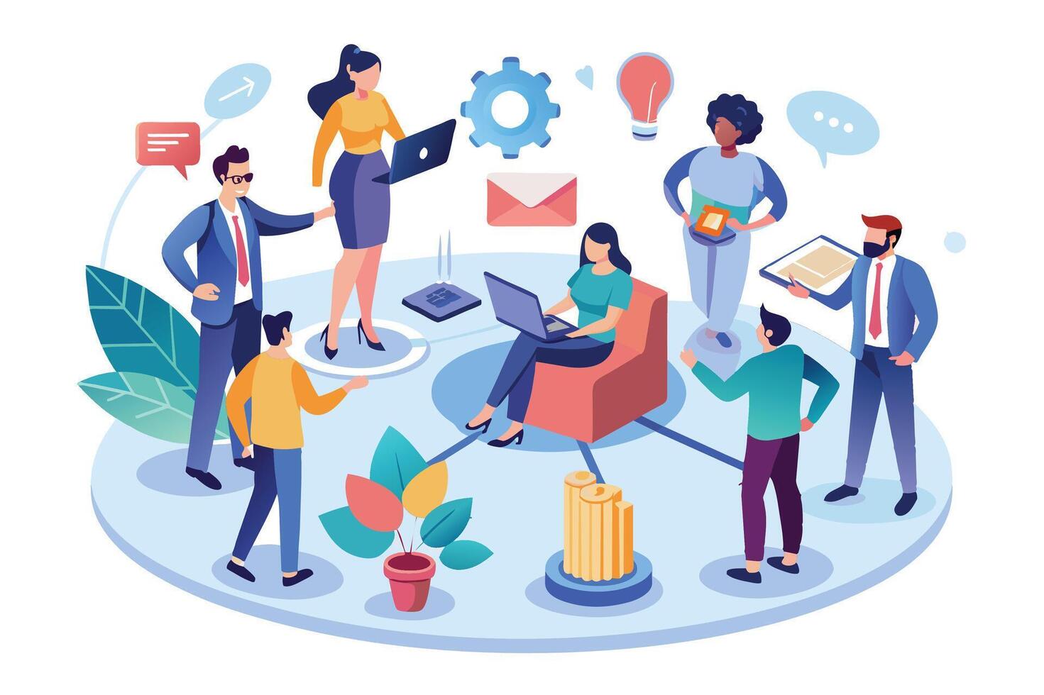An illustration of a diverse team of professionals working together on a business project. They are using laptops, discussing ideas, and collaborating to achieve their goals. vector