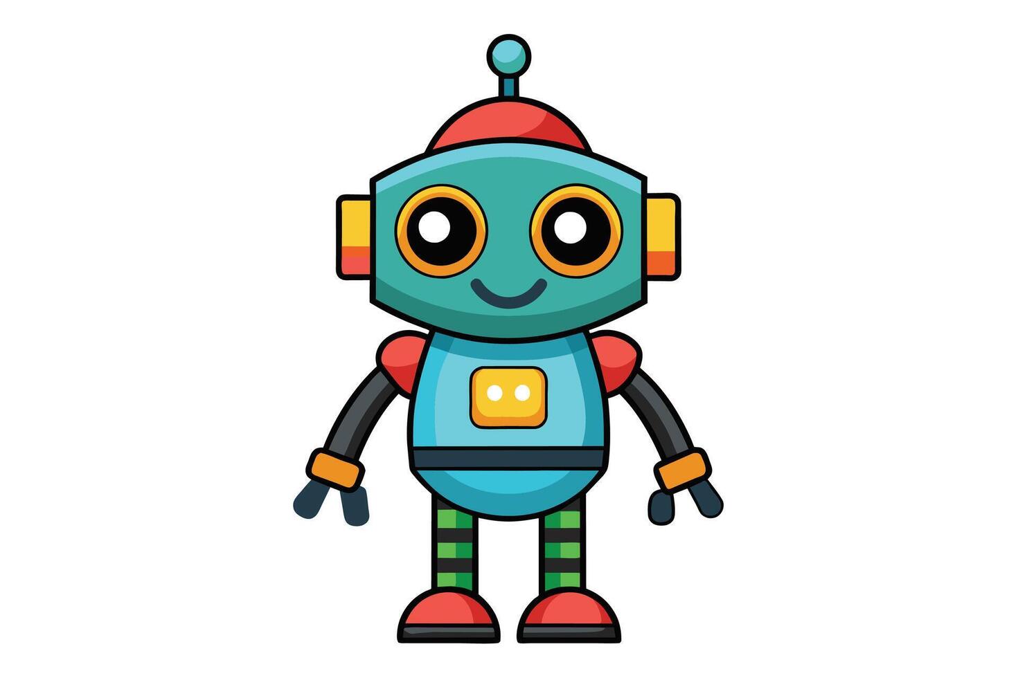 A cartoon illustration of a blue, friendly robot with big eyes and a
