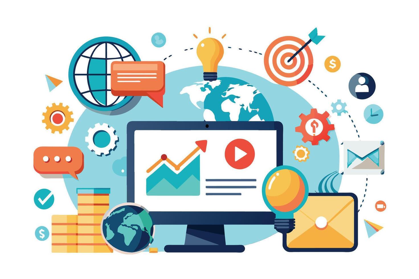 A colorful illustration depicting a desktop computer with a line chart, play button, and lightbulb, surrounded by other marketing icons like a globe, target, and email. vector
