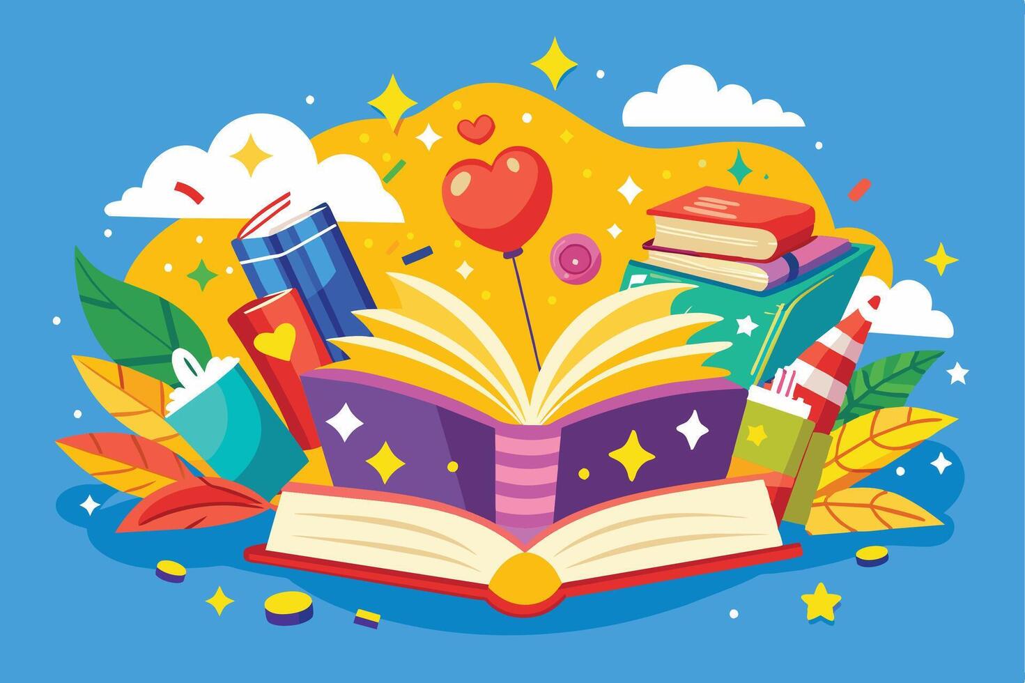 An open book with colorful illustrations and decorations, including a heart balloon, clouds, and stars. vector