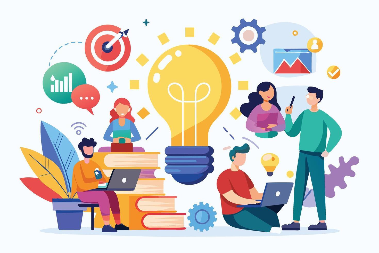 An illustration shows a team collaborating on a project, surrounded by symbols of creativity and innovation. A large lightbulb symbolizes a new idea. vector