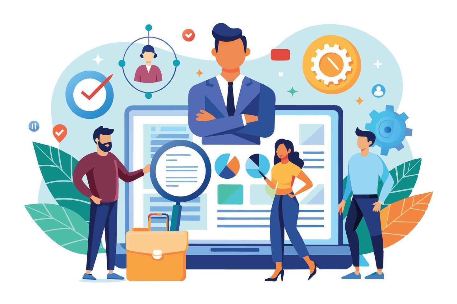 An illustration depicting four business professionals working together to analyze data and charts displayed on a laptop screen. vector