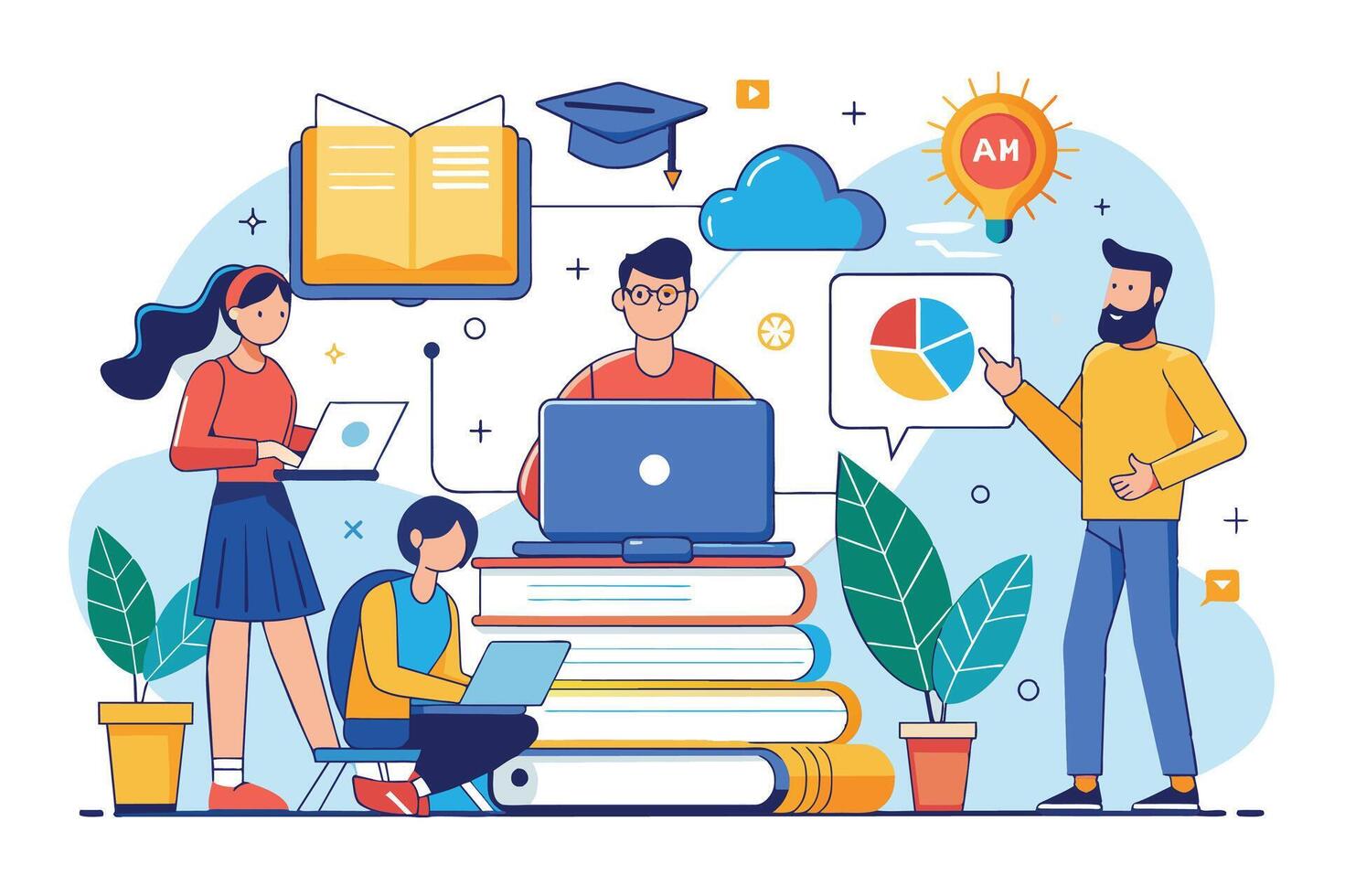 An illustration of online learning with a group of students using laptops and a teacher presenting a pie chart. vector