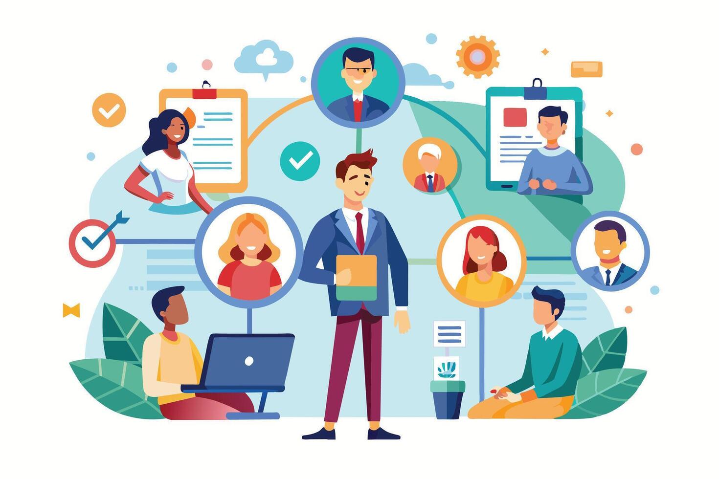 An illustration depicts a group of diverse business professionals collaborating and networking in a modern office setting. vector