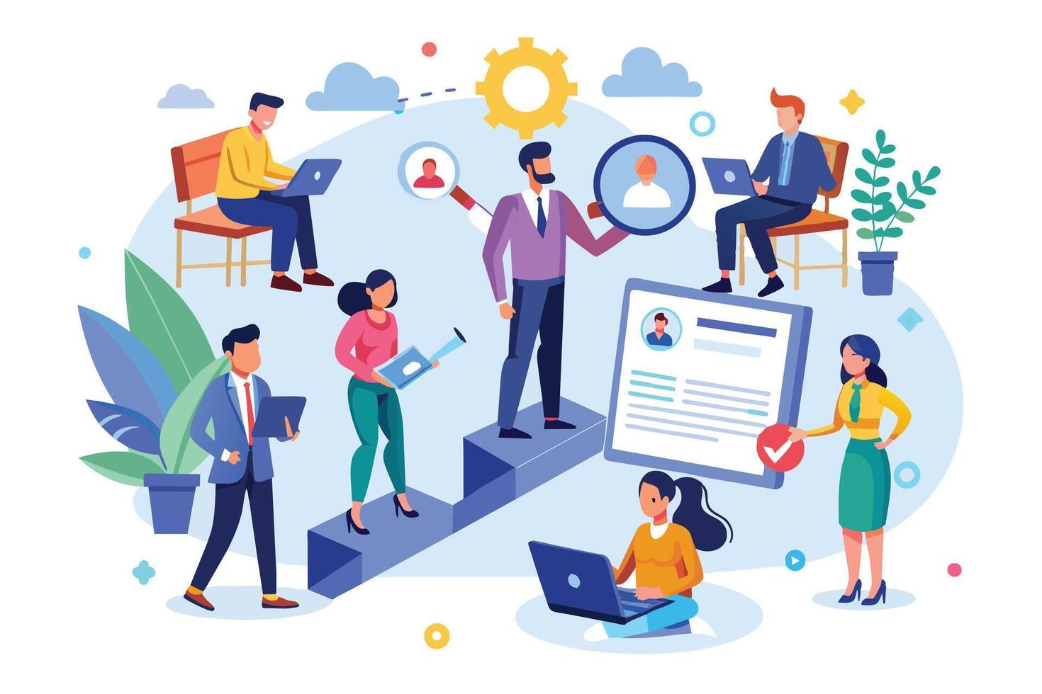 An illustration depicting a diverse team working together on a project using technology and reviewing a resume for a new job opportunity. vector