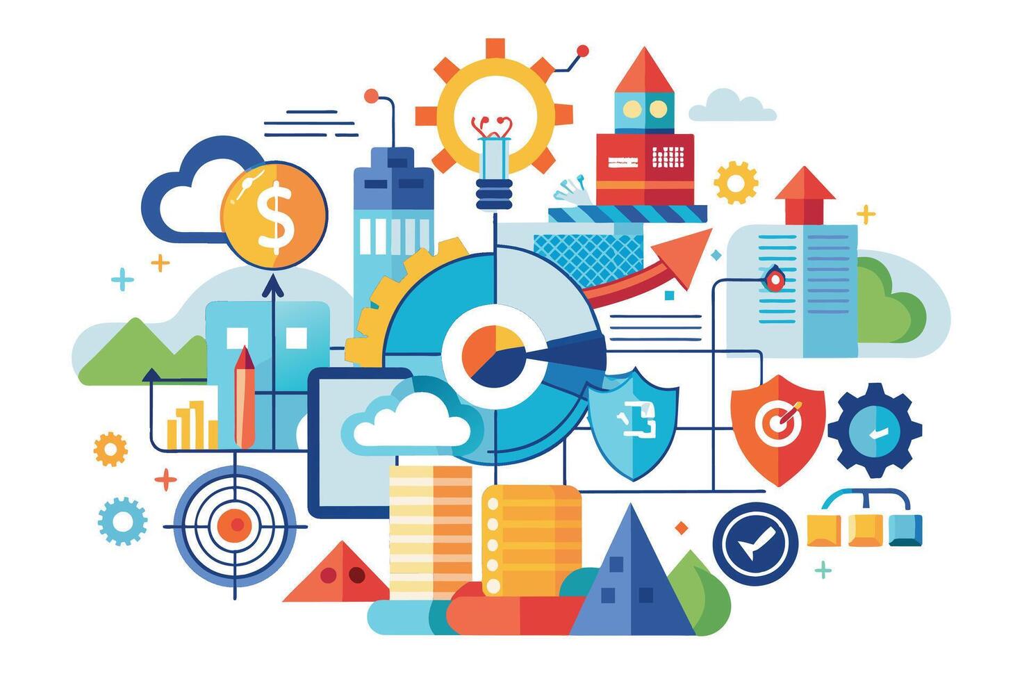 An illustration depicting various business growth strategies, including cloud computing, data analysis, security, and innovation. vector