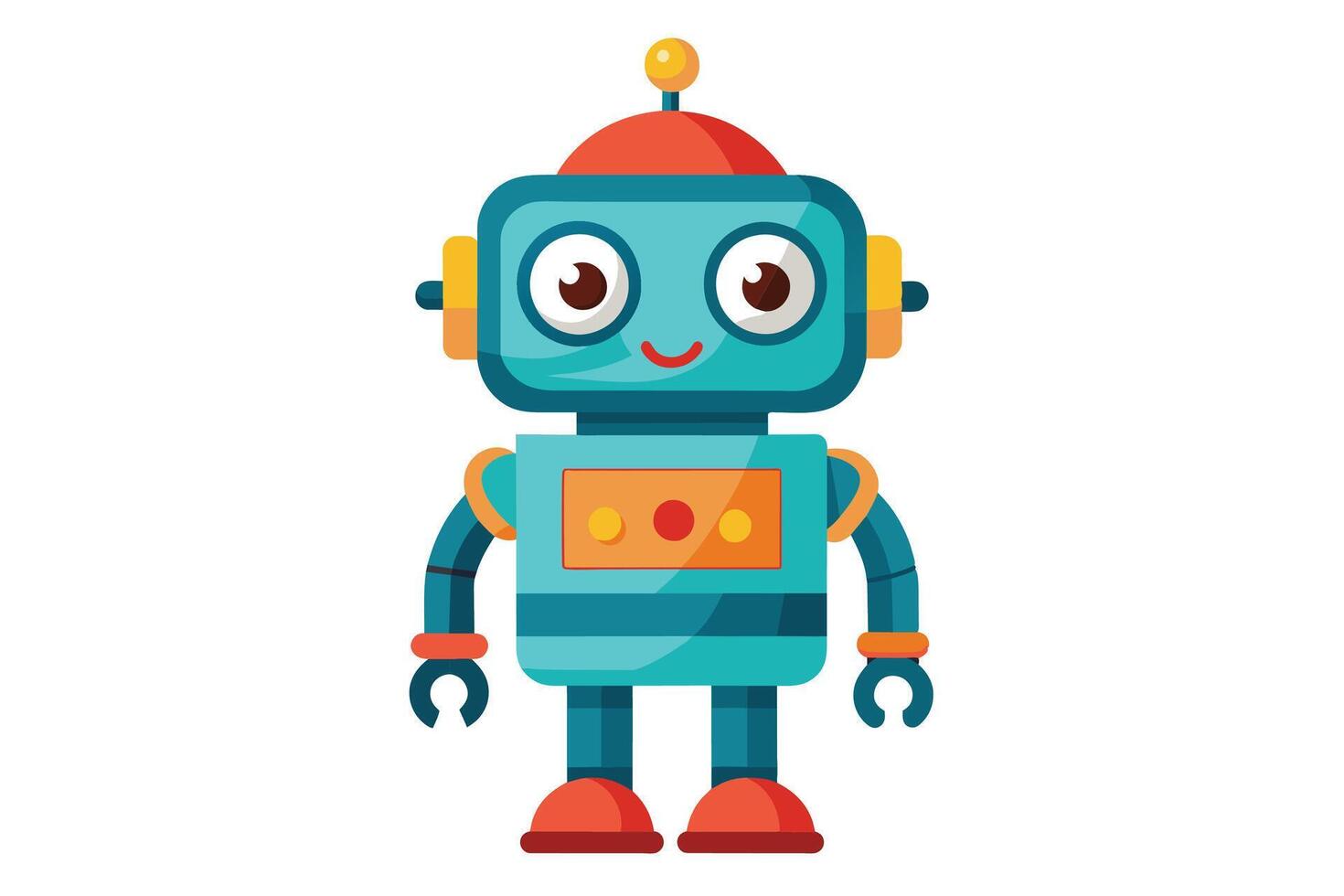 An illustration of a cartoon robot with a blue body, red hat, and