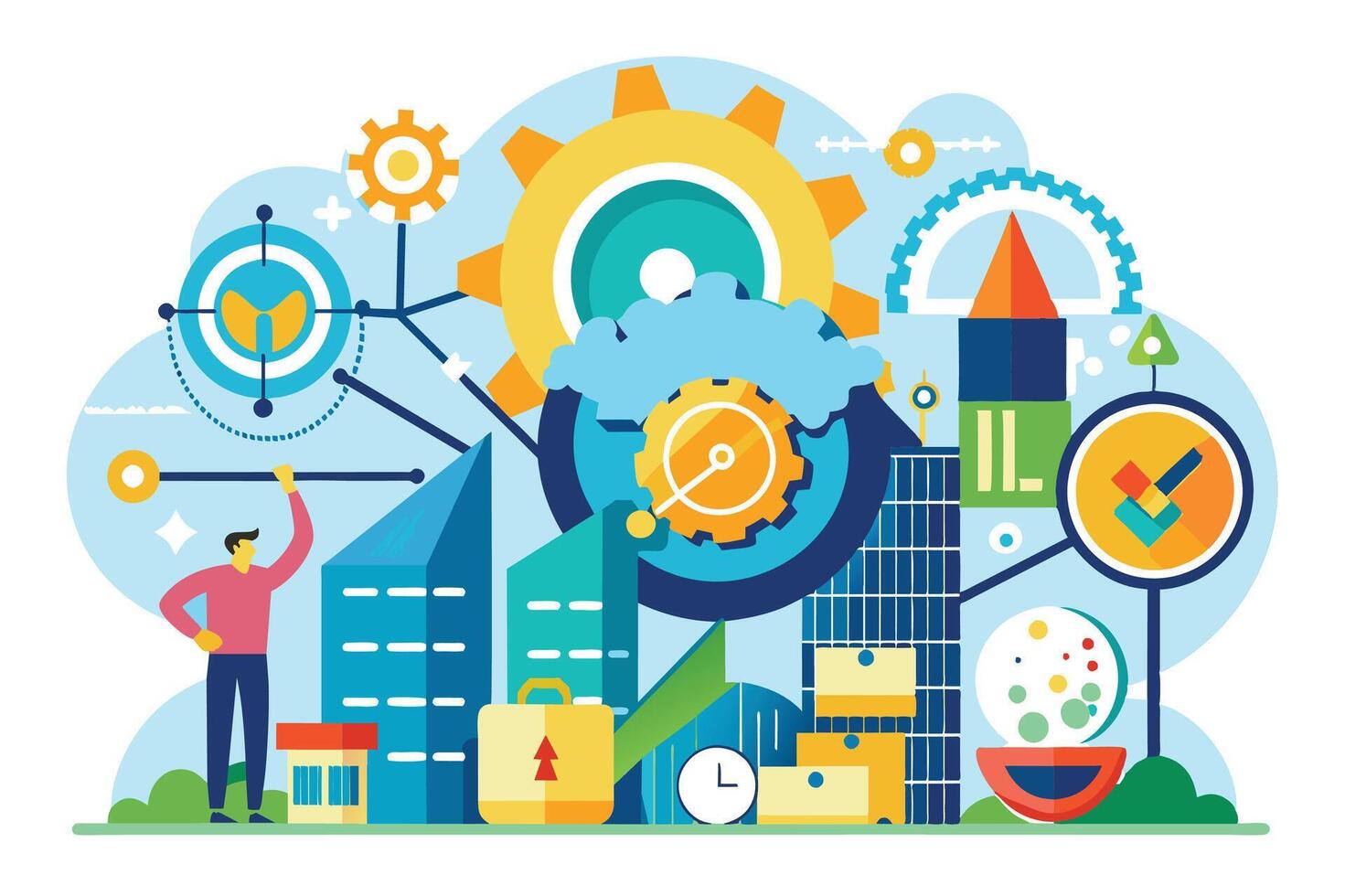An illustration of a man standing in front of a complex cityscape, working on a project involving gears, a cloud, buildings, and other elements. vector