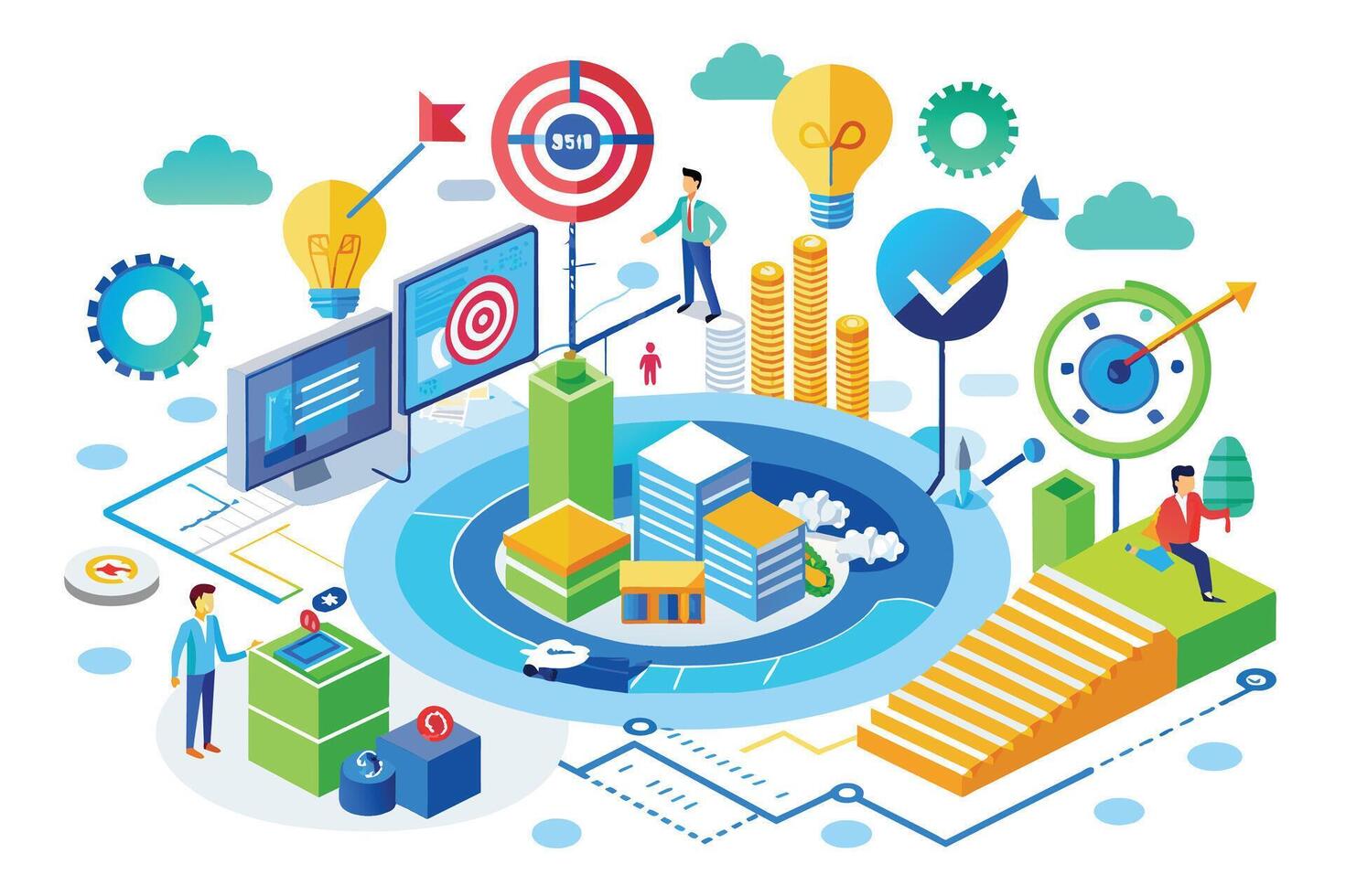 Colorful and abstract illustration depicting business success and growth with various elements, including targets, lightbulbs, computer monitors, and a cityscape. vector