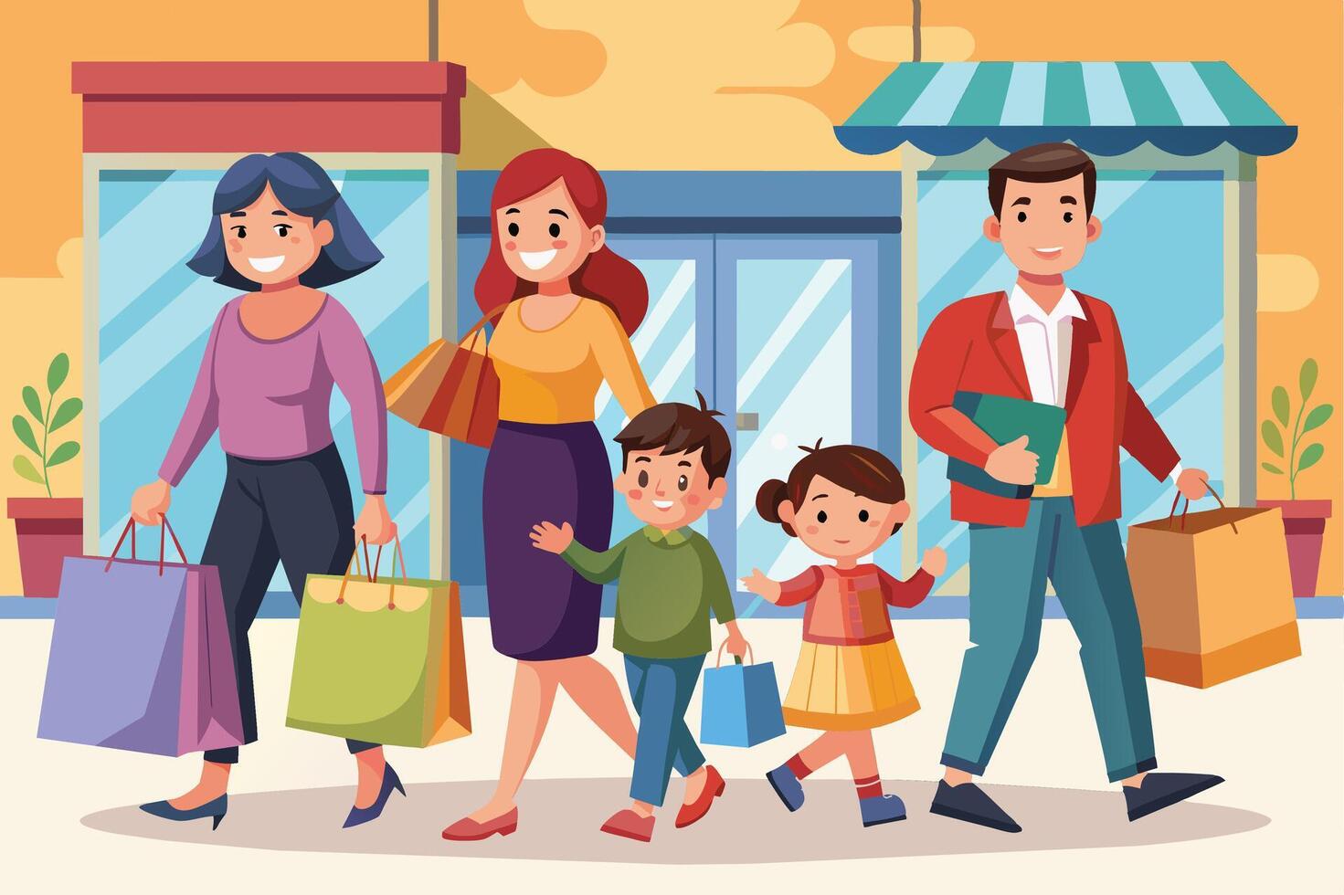 A happy family of four is leaving a shopping mall with bags in hand after a shopping spree. vector