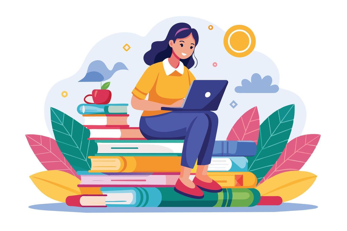 An illustration of a woman sitting on a stack of colorful books and using a laptop. She is wearing blue jeans and a yellow shirt, and there is an apple on a nearby book. vector