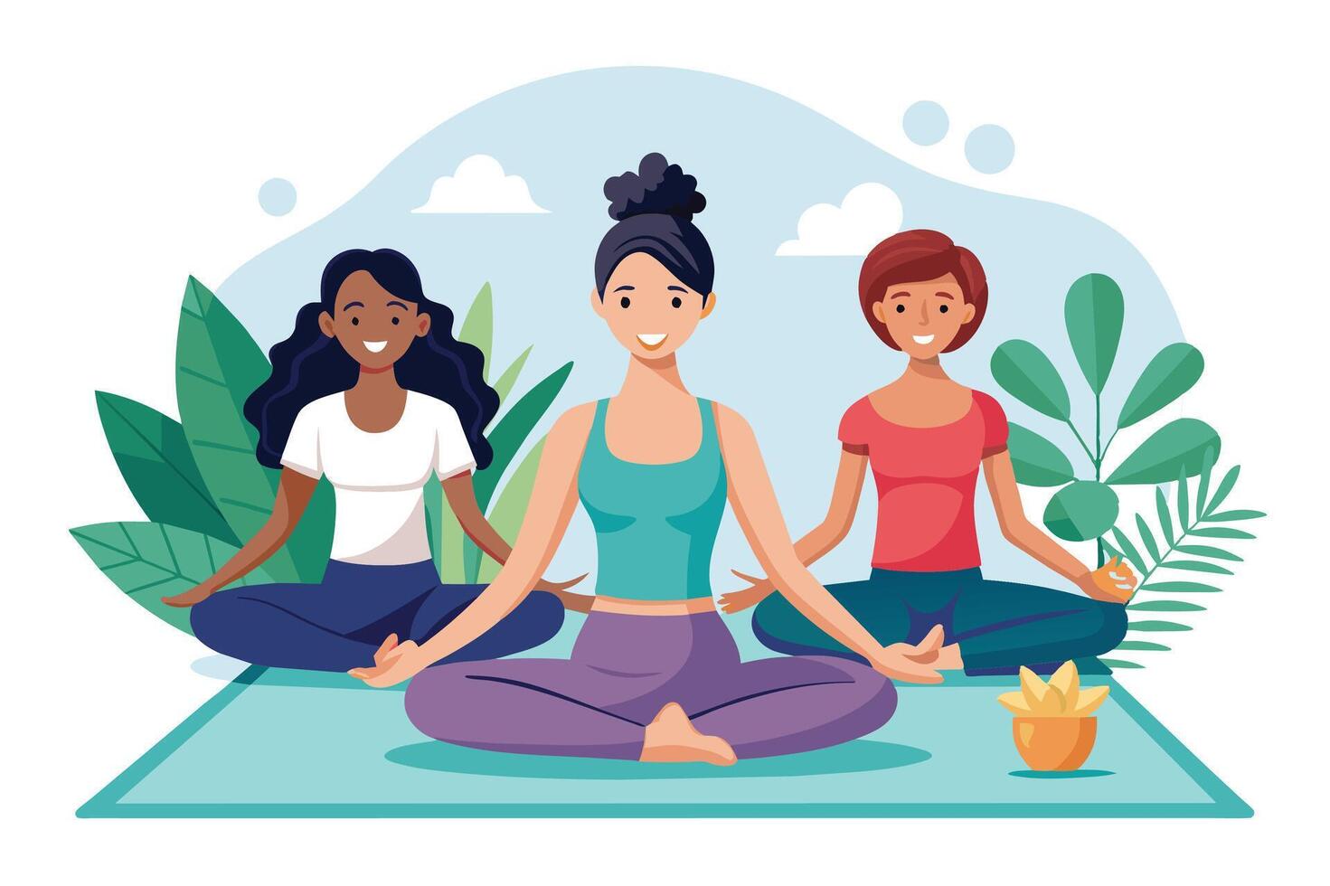 Three women are seated in a yoga pose on a mat outdoors. They are surrounded by plants and have a peaceful, serene expression on their faces. vector