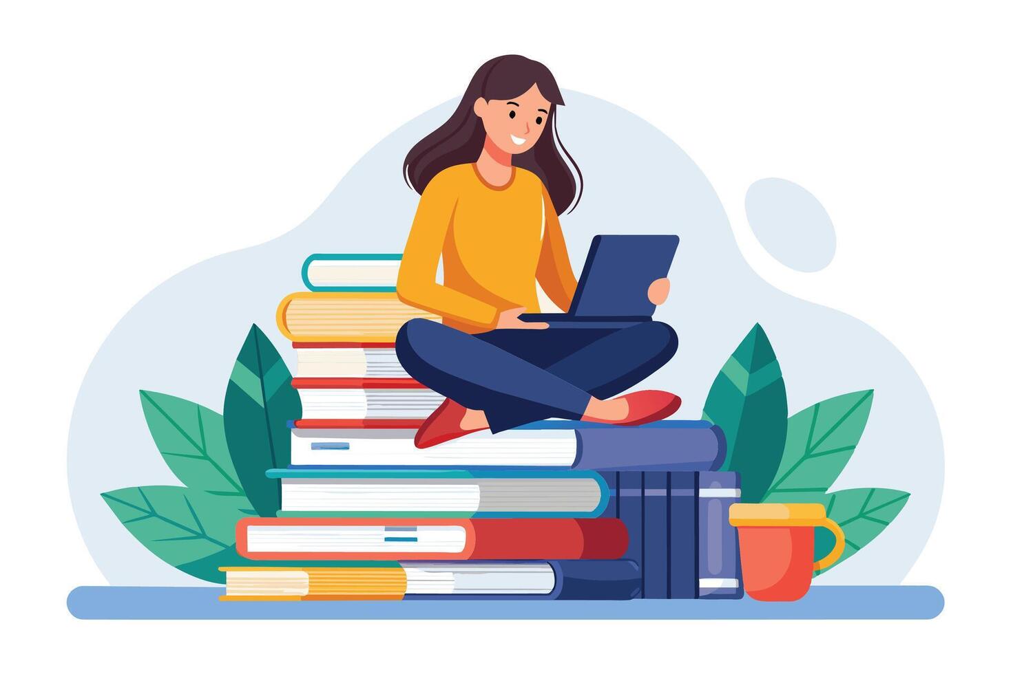 A smiling woman sits cross-legged on a stack of books while using a laptop. She has brown hair, a yellow shirt, and blue pants. vector