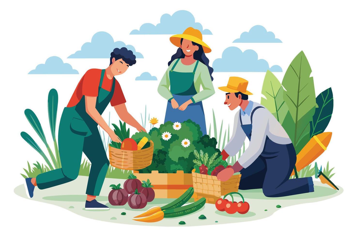 An illustration of three farmers harvesting vegetables in a garden on a sunny day. vector