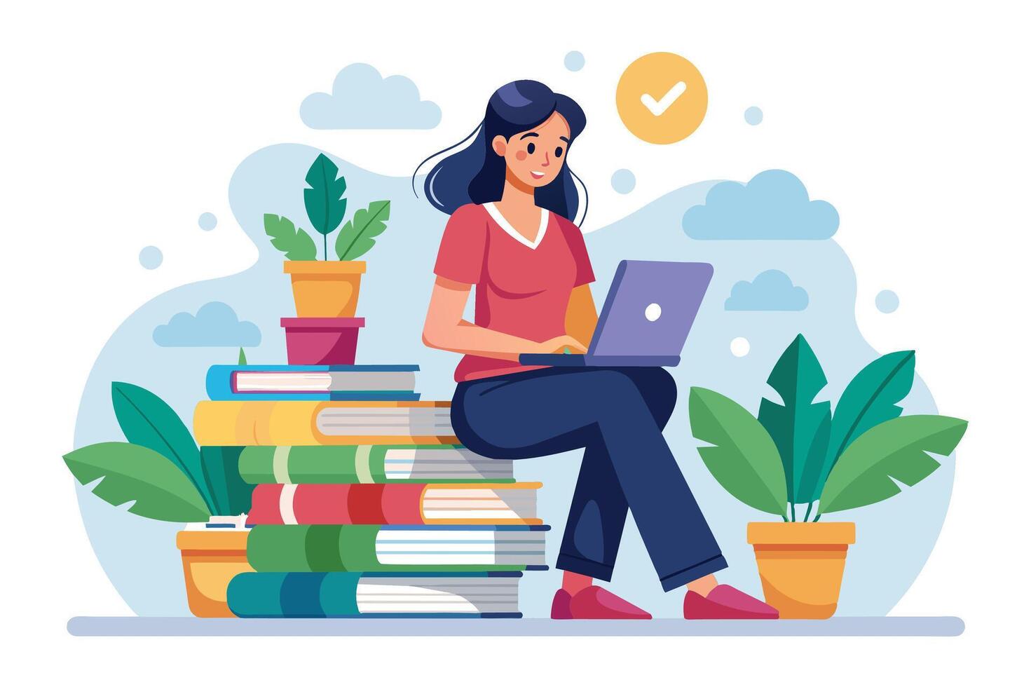 A woman is sitting on a stack of books and using a laptop. She is smiling, suggesting she is happy and productive. The background features two potted plants and clouds. vector