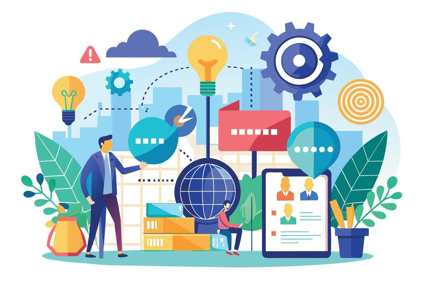 A colorful illustration depicting a digital marketing strategy development process with creative ideas, teamwork, and a focus on online engagement. vector