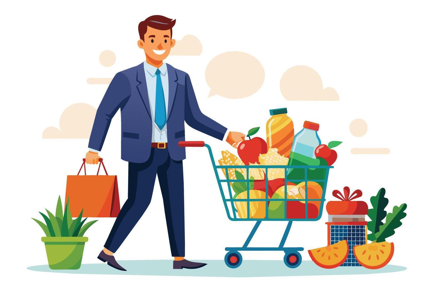 A cartoon businessman is pushing a shopping cart full of groceries, including fruit, drinks, and other items. He has a bright smile and is carrying a separate shopping bag. vector