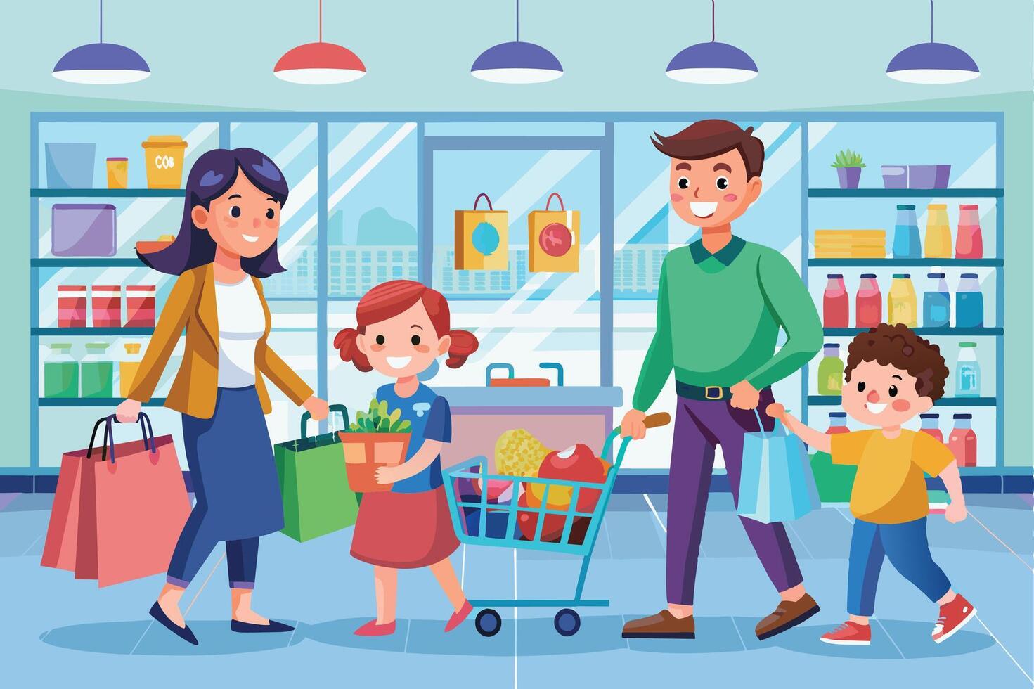 A joyful family of four happily shops for groceries together. The kids are excited to choose products, and the parents are pleased with the outing. vector