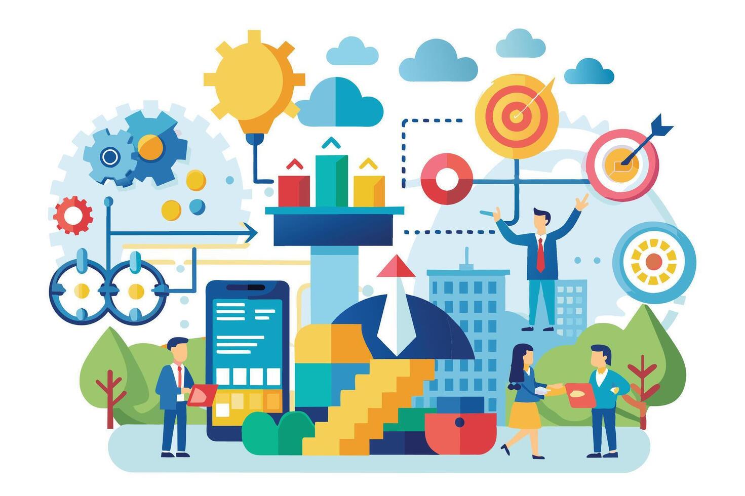Illustration depicting business professionals working together on a growth strategy using technology, including a smartphone and cloud-based applications. vector
