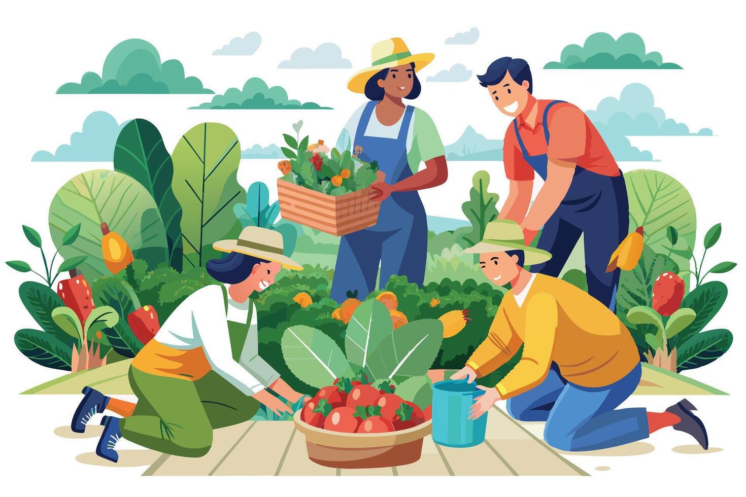 A group of four people are working together in a garden, harvesting ripe tomatoes. They are smiling and enjoying the fresh produce. vector