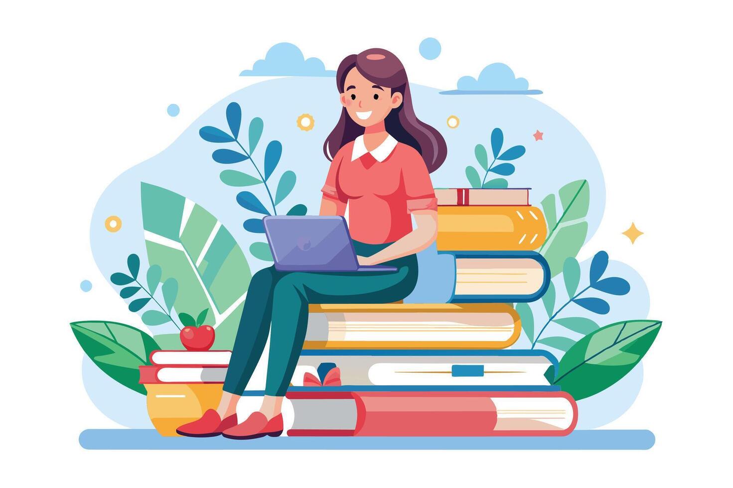 An illustration of a woman sitting on a stack of books with a laptop in her lap, smiling and looking happy. vector