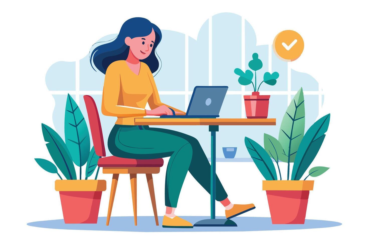 A woman sits at a desk with a laptop, working on a project in her home office. She is surrounded by plants and natural light, creating a peaceful and productive atmosphere. vector