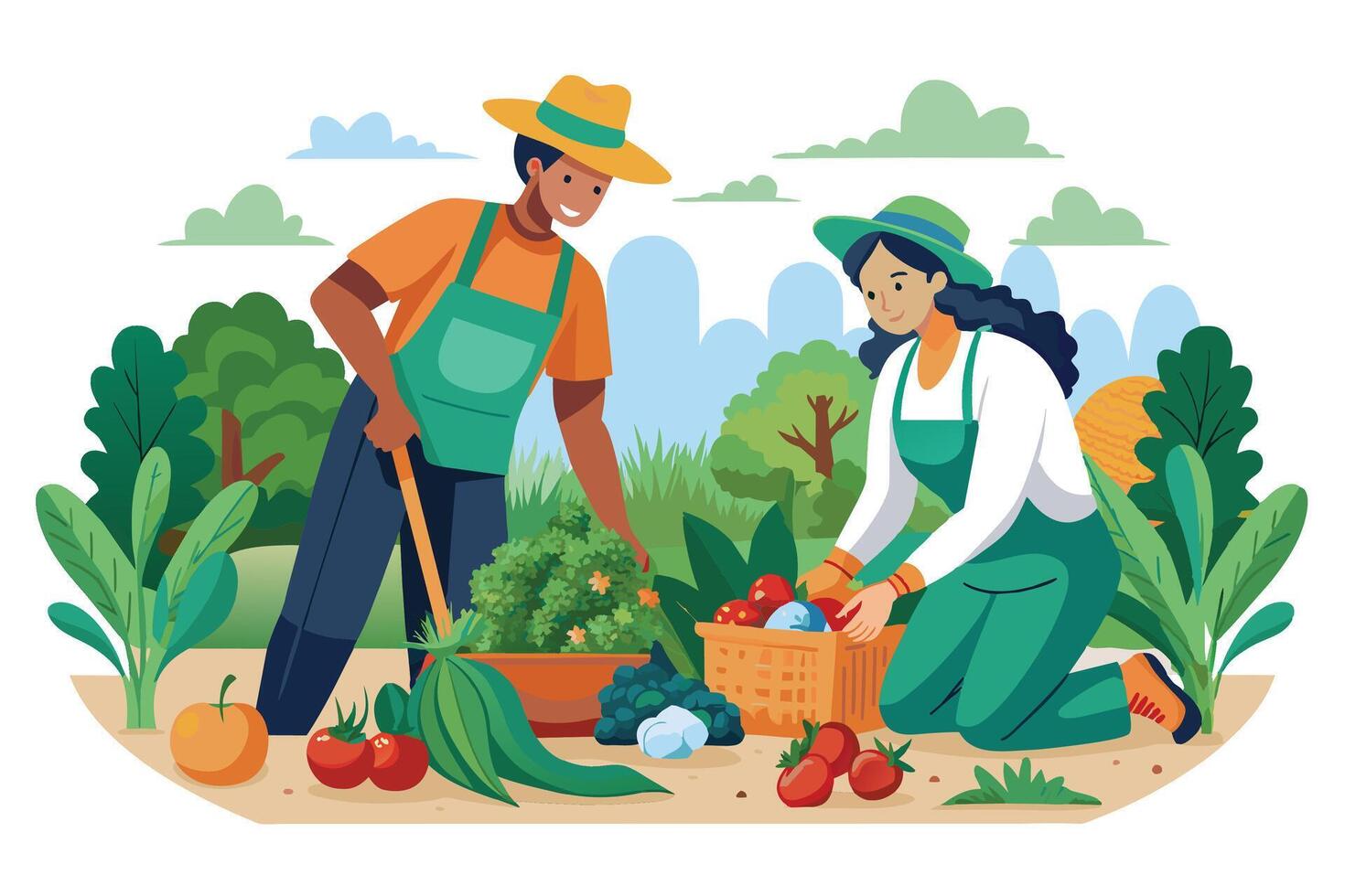 Two people, a man and a woman, harvest vegetables from a garden. They wear green aprons and straw hats and are surrounded by greenery and fresh produce. vector