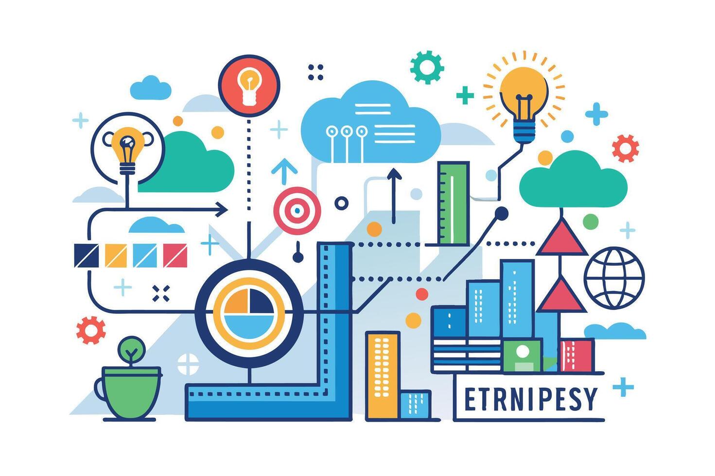 A colorful illustration depicting a business growth strategy that incorporates ideas, cloud computing, marketing goals, and data analysis. vector