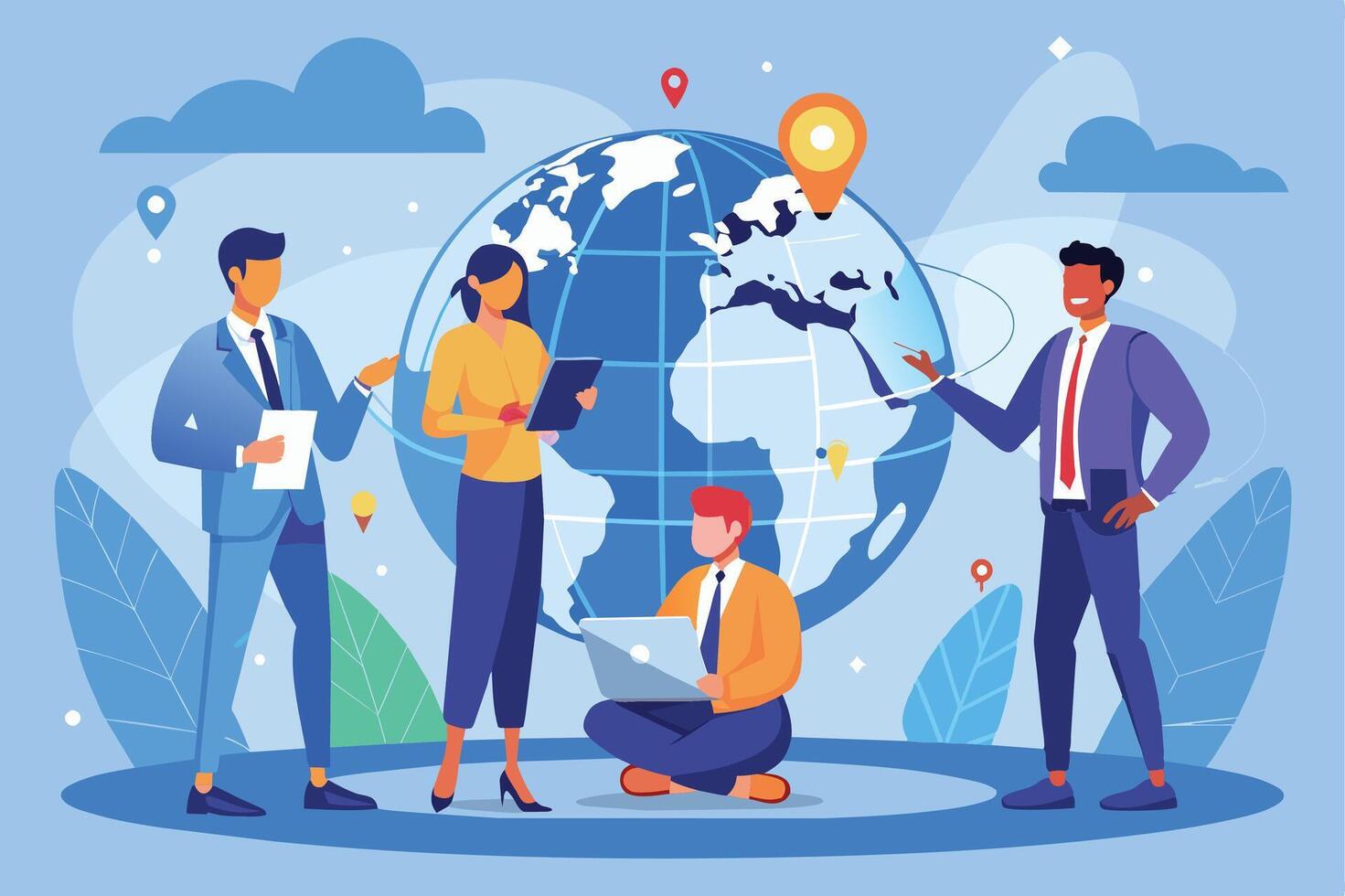A team of diverse professionals collaborate around a globe, representing global business expansion and communication. vector