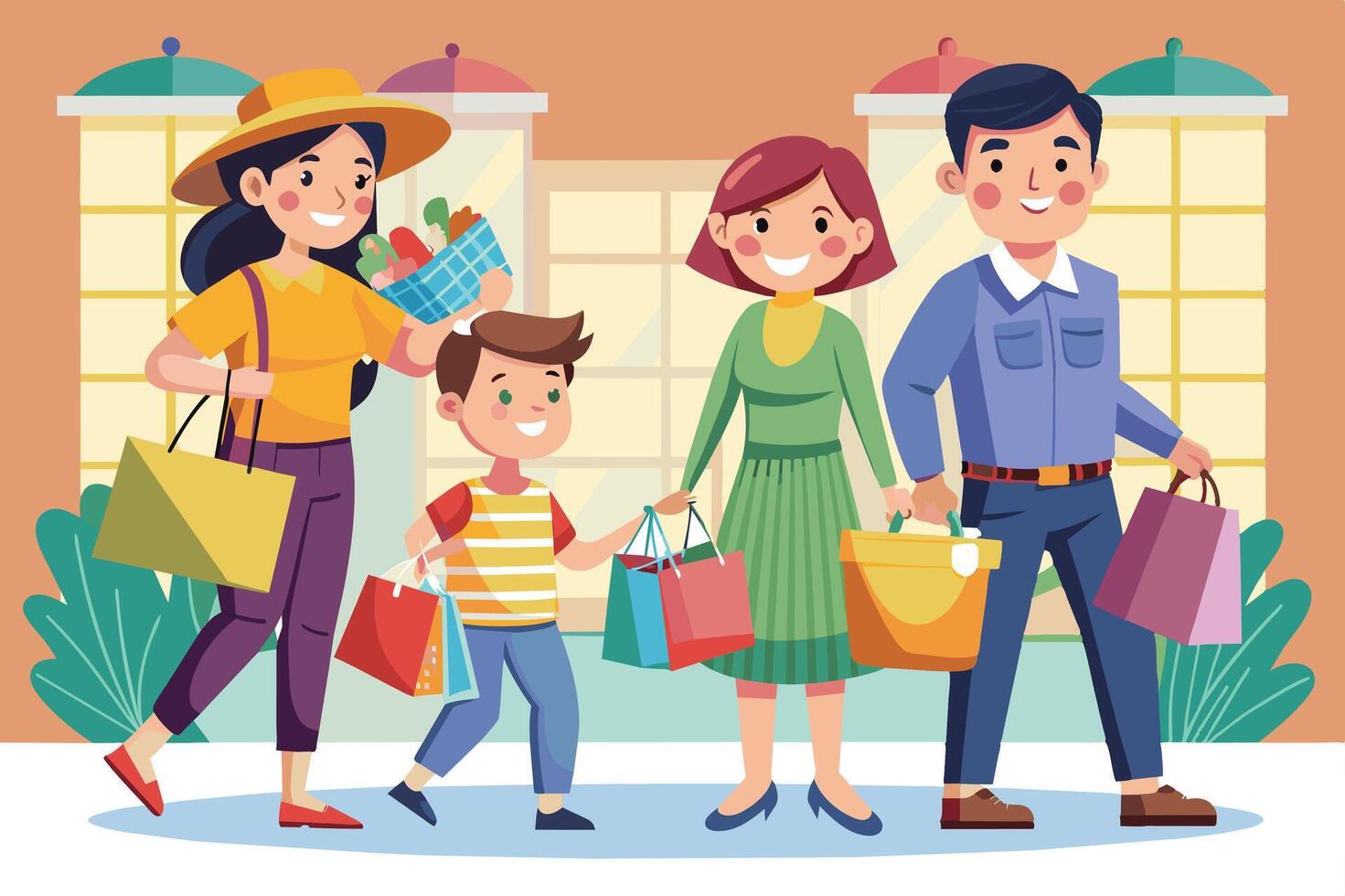 A cartoon family, including a mother, father, and son, smiles as they leave a store with multiple shopping bags. vector