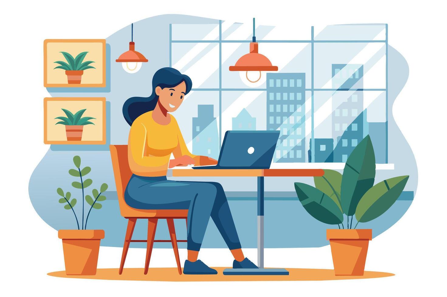 An illustration of a woman sitting at a desk in a modern office space, working on her laptop. She is smiling, and the office has large windows, plants, and a bright and airy feel. vector