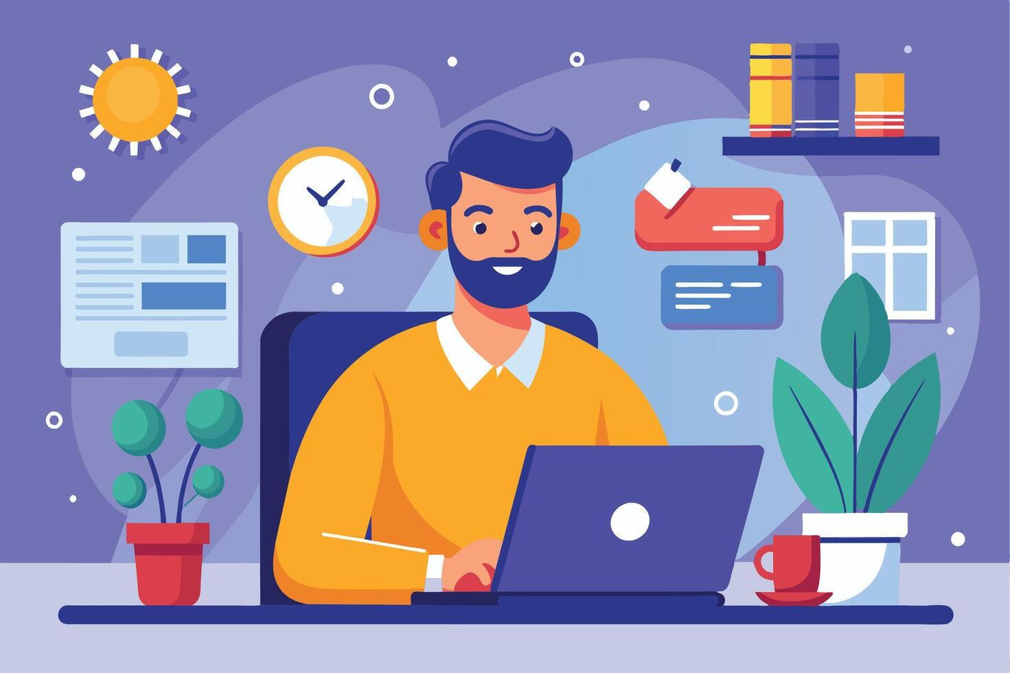 A cartoon illustration depicting a man working on a laptop at his home office, during the day. vector