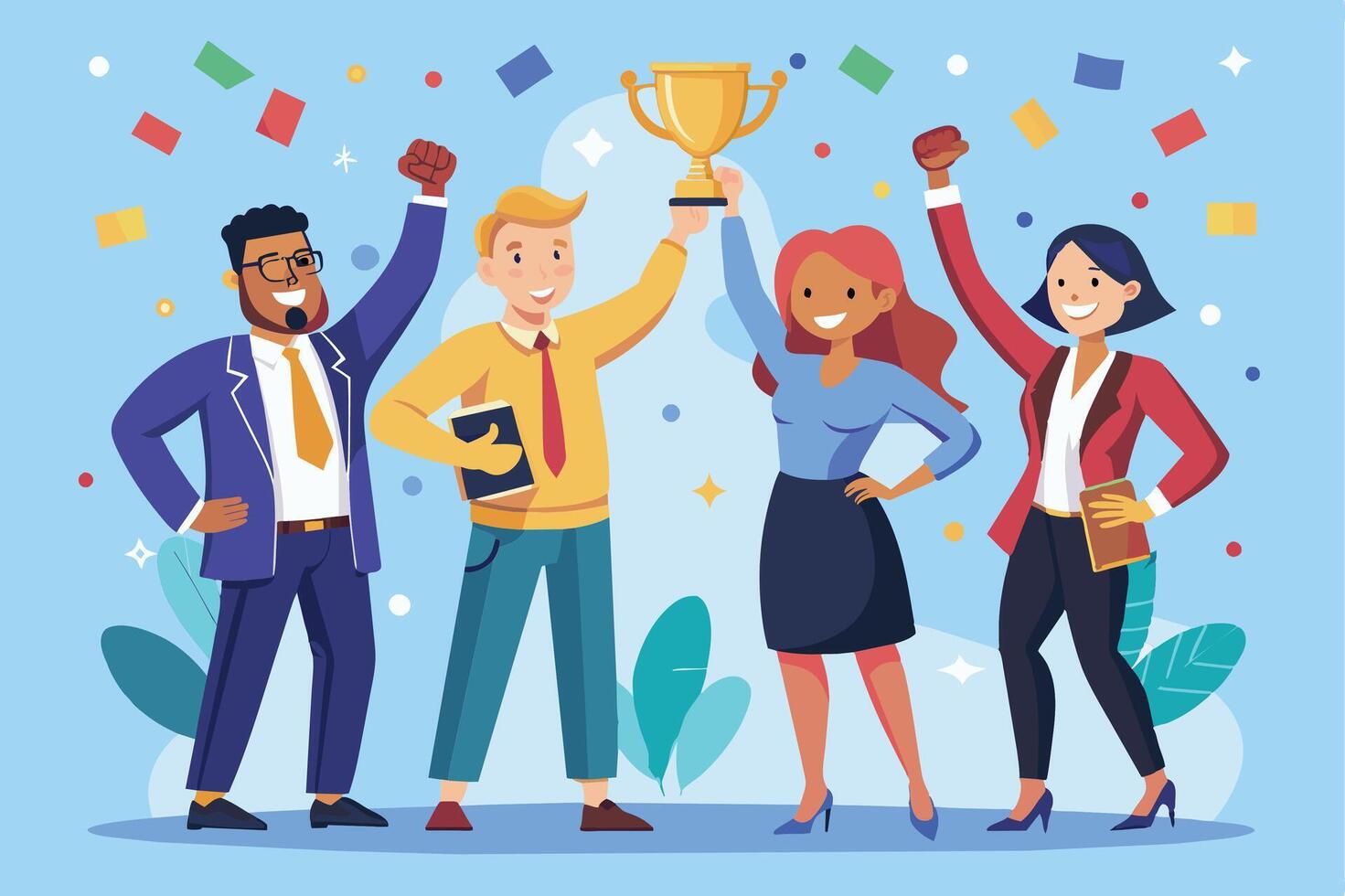 Four diverse colleagues celebrate success together, raising their fists in the air and holding a trophy with confetti raining down around them. vector