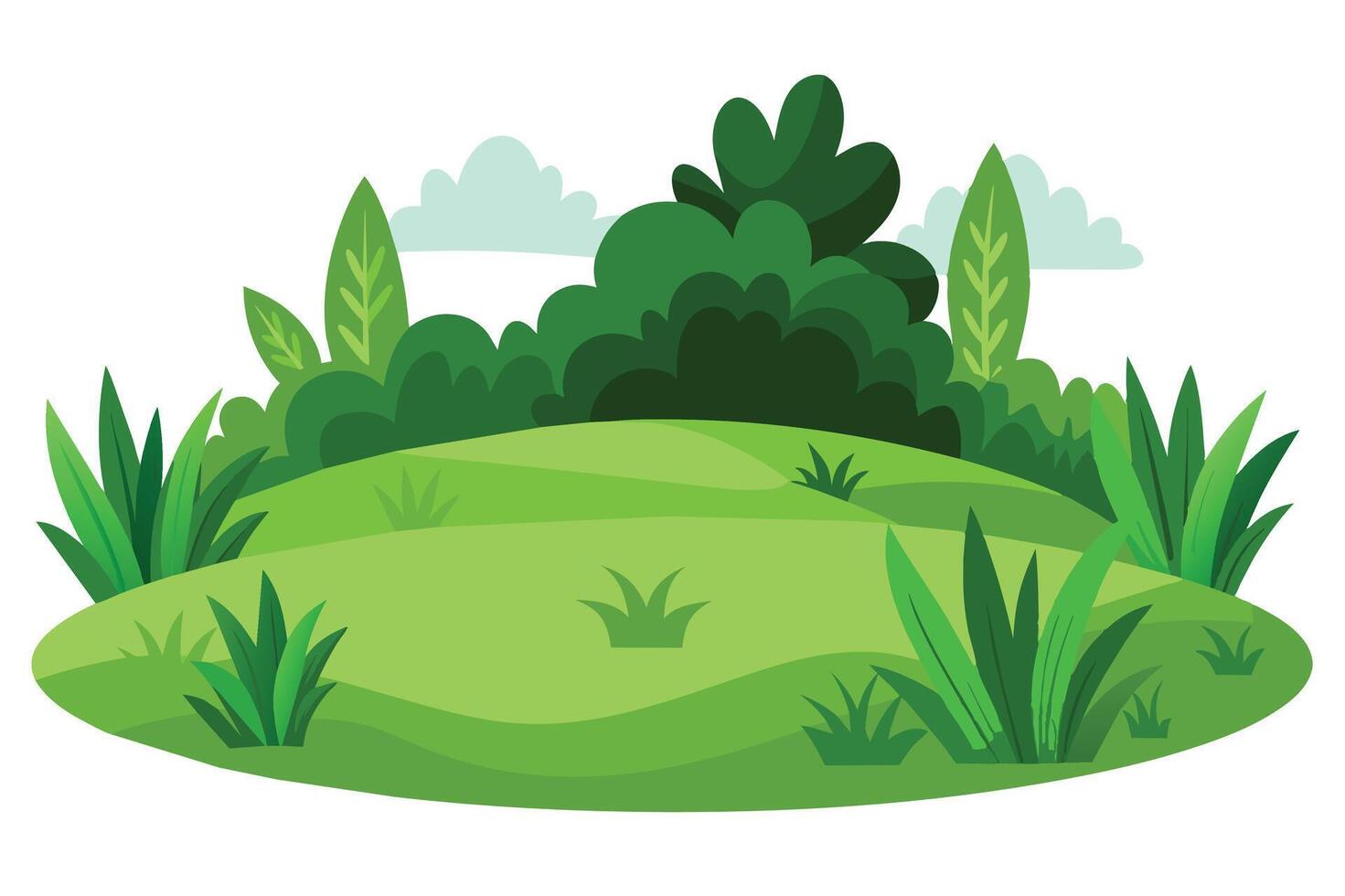 A digital illustration of a green grassy hilltop with lush bushes and clouds in the background. The image is perfect for depicting a peaceful and natural setting. vector