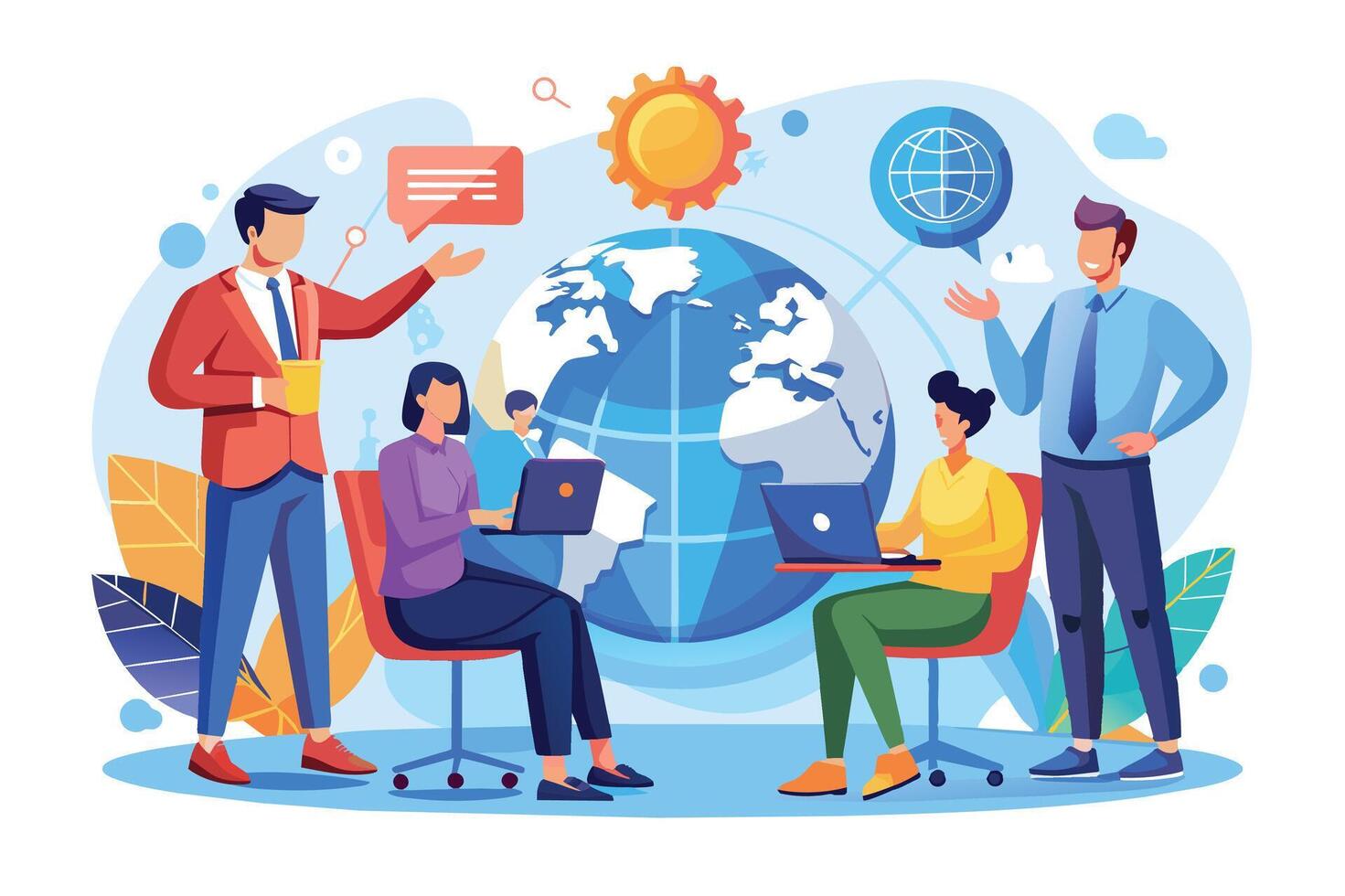 An illustration depicting a global business team collaborating on laptop computers during a meeting. vector