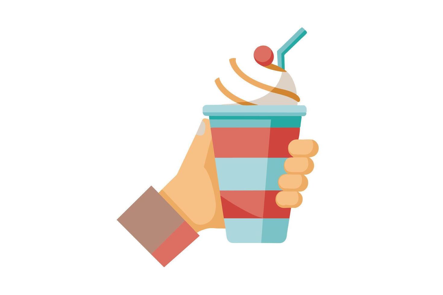 A cartoon hand holds a striped paper cup filled with a milkshake with whipped cream and a cherry on top. vector