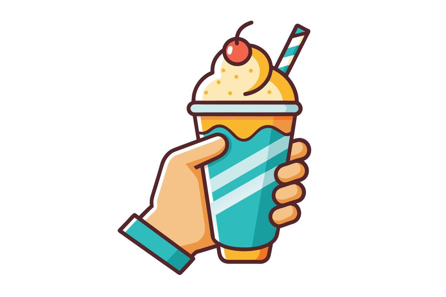 An illustration of a hand holding a blue and white striped cup filled with a milkshake topped with whipped cream and a cherry. vector