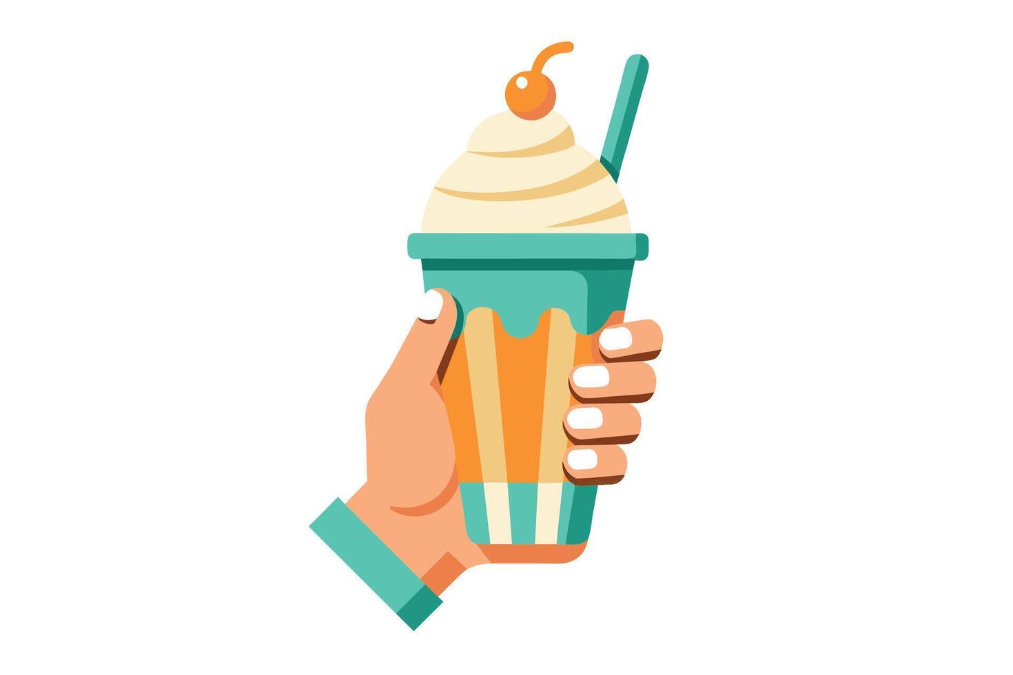A cartoon hand holding a cup of ice cream with a cherry and a straw. The ice cream is vanilla and the cup is teal, orange, and white. vector