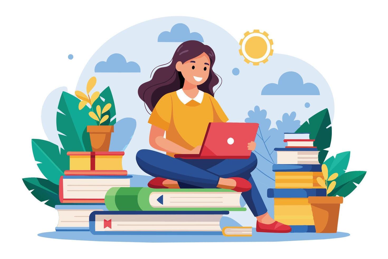 An illustration of a woman sitting on a stack of books using a laptop computer. She is sitting outdoors in a park, with lush green foliage and a bright blue sky. vector