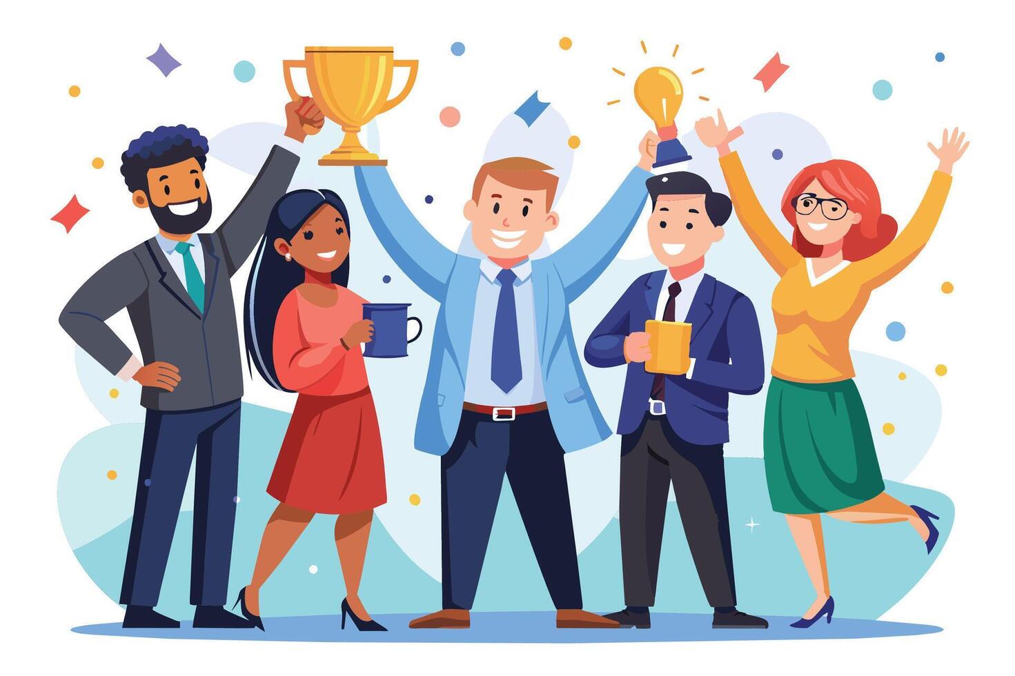 A diverse team of business professionals celebrates a successful project, with one holding a trophy and another holding a lightbulb representing a brilliant idea. vector