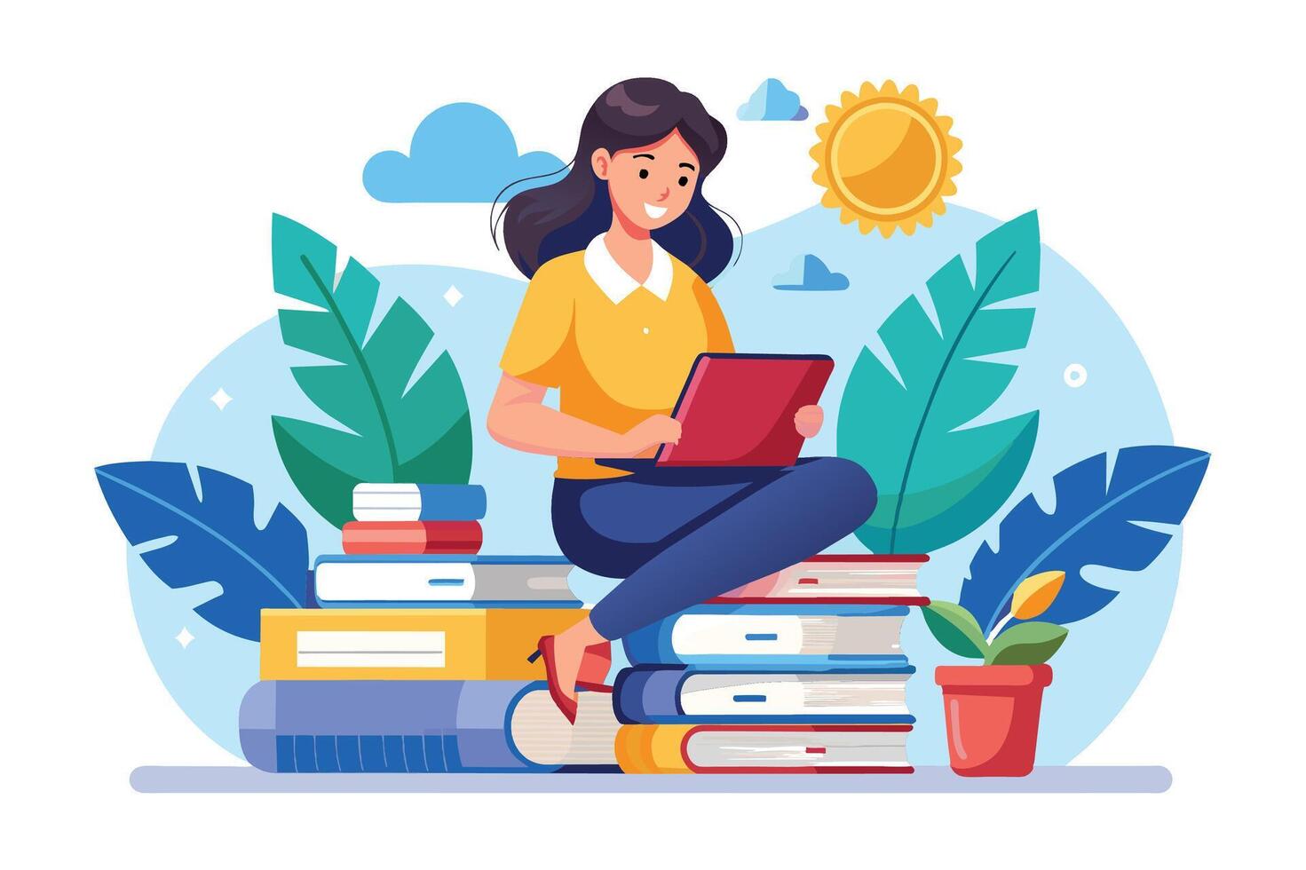 A woman sits on a stack of books using a laptop outdoors. The scene is idyllic, with sunshine, clouds, and leafy plants around her. vector