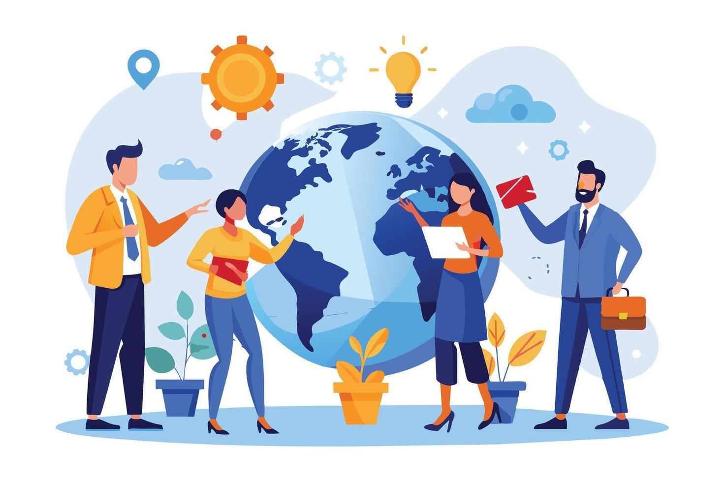 An illustration depicting a diverse team of four people collaborating around a large globe. The image symbolizes teamwork, global connectivity, and innovative solutions. vector