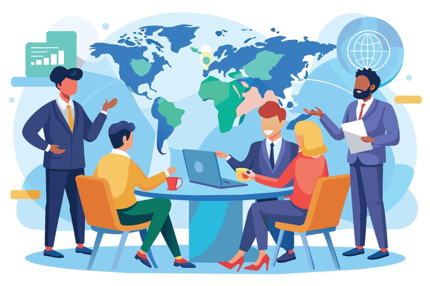 A diverse business team meets around a table, discussing strategies with a world map as their backdrop. The image represents global collaboration and teamwork. vector