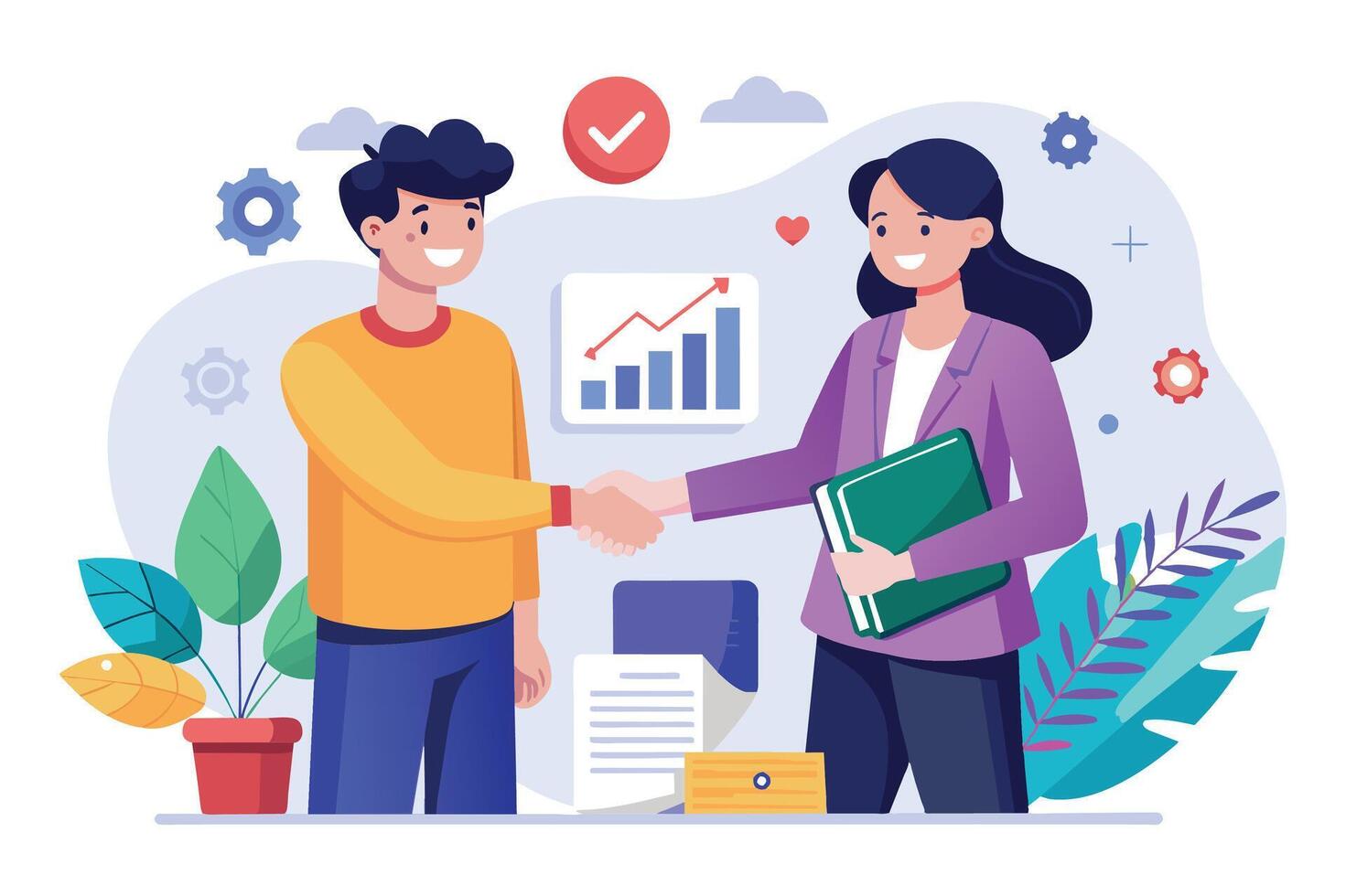 Two smiling business professionals shake hands in an office setting, representing a successful agreement or partnership. vector