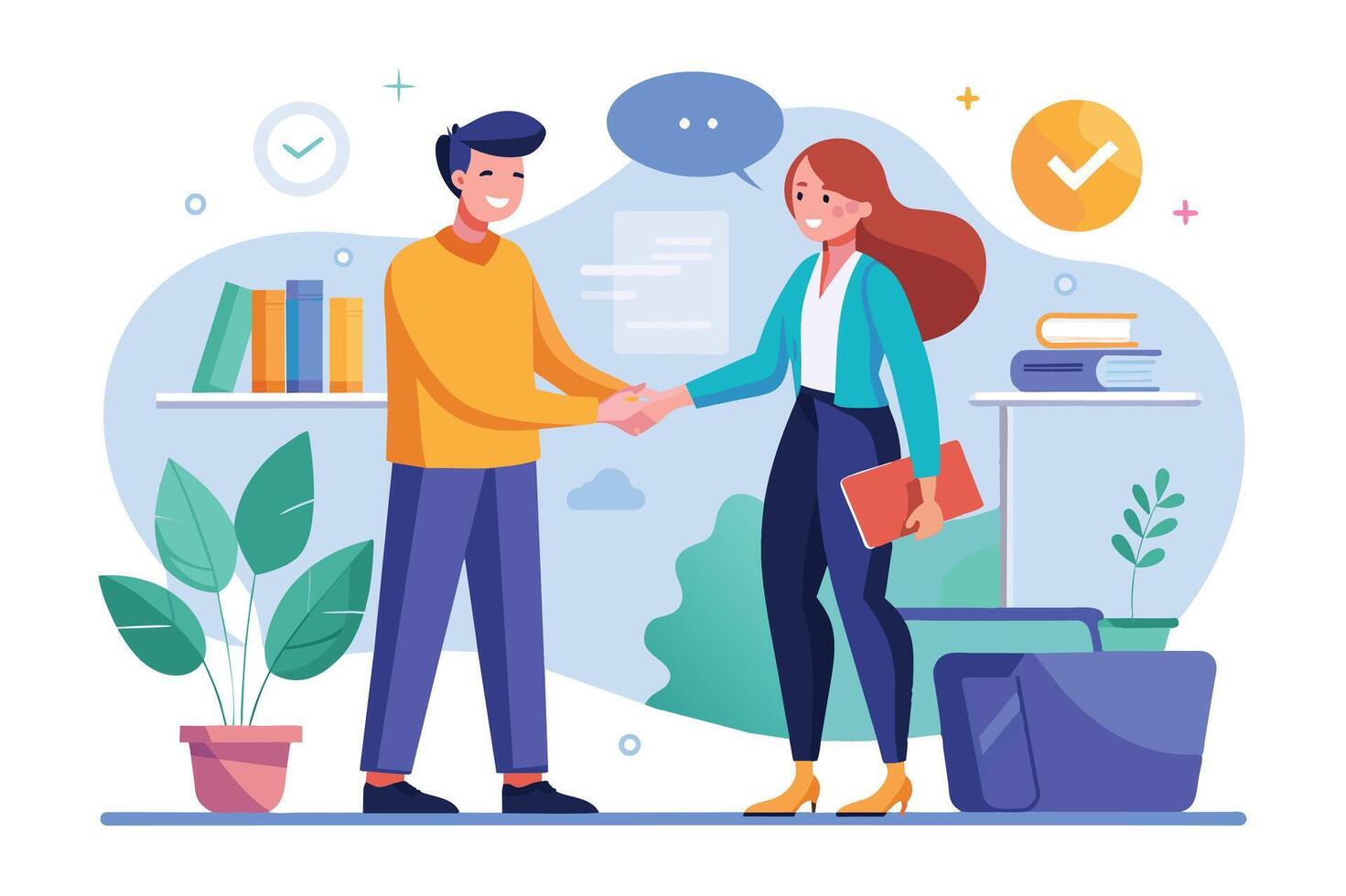An illustration of a man and a woman shaking hands in an office setting. They are smiling and appear to be happy to be working together. vector