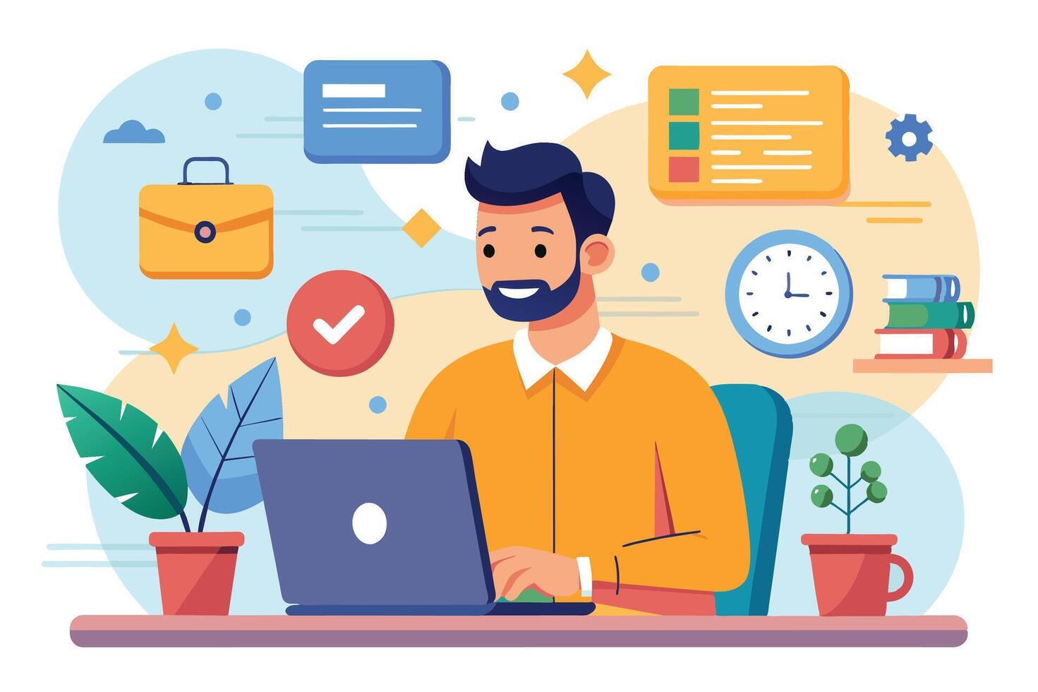 An illustration of a man with a beard smiling as he works on his laptop at his home office desk. vector