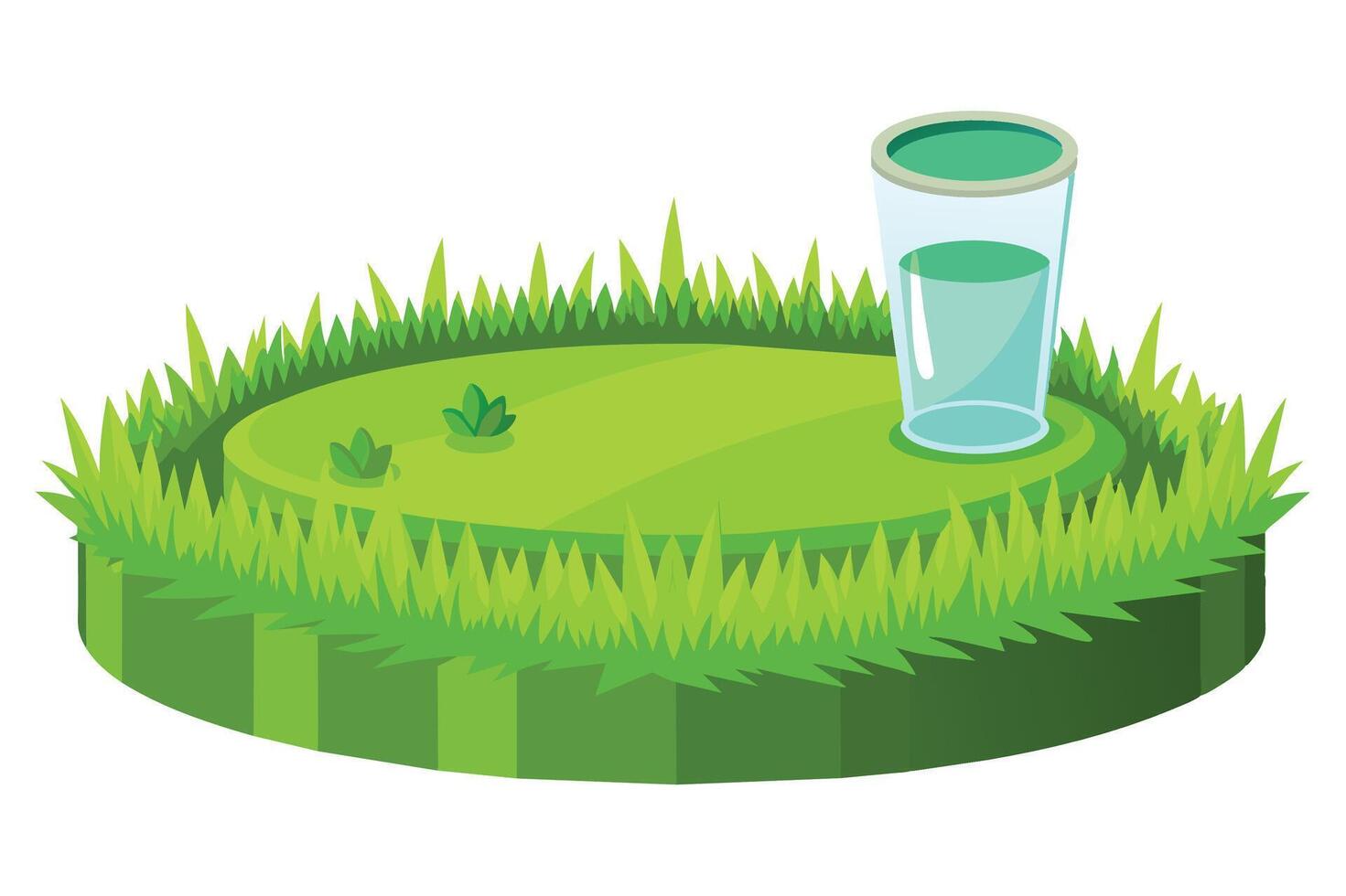 A cartoon illustration of a glass of water standing upright on a small green island surrounded by grass. vector