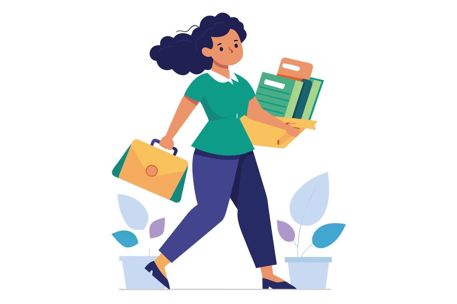 A woman with dark curly hair walks away from the camera, holding a briefcase in one hand and a stack of papers in the other. vector